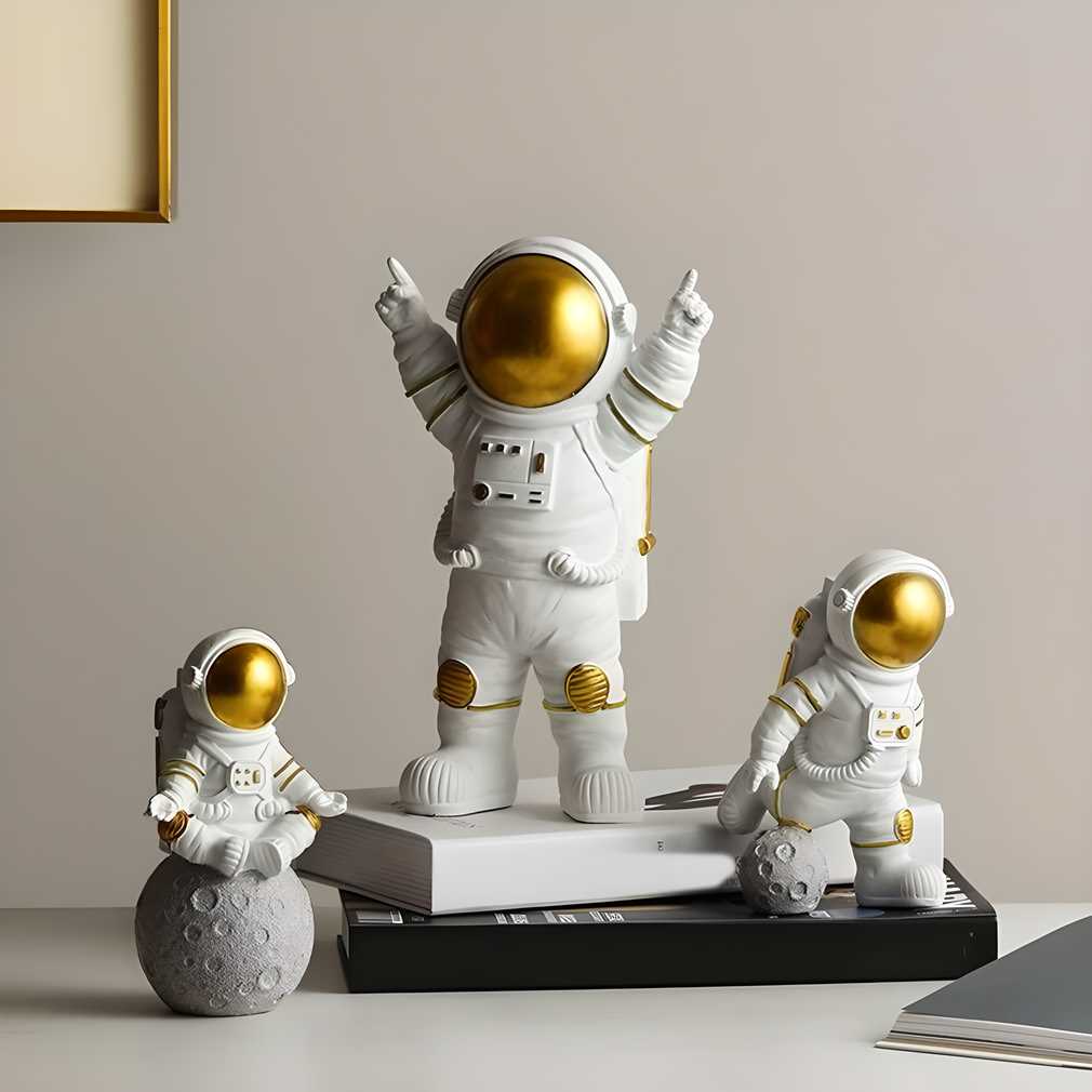 Reetrix Astronaut Spaceman Statue Ornament Home Office Desktop Figurine Decors Set of 3 - Golden