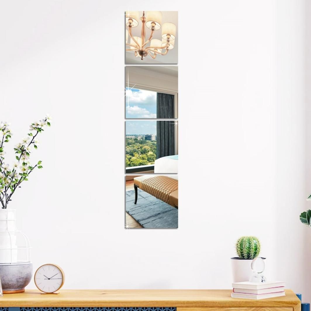 Reetrix 4 Big Square Silver 3D Acrylic Mirror Wall Sticker