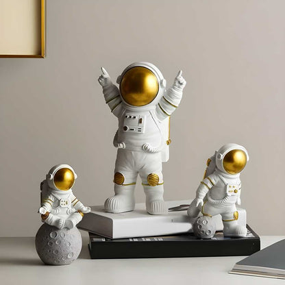 Reetrix Astronaut Spaceman Statue Ornament Home Office Desktop Figurine Decors Set of 3 - Golden