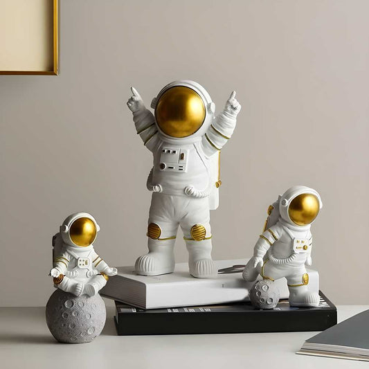 Reetrix Astronaut Spaceman Statue Ornament Home Office Desktop Figurine Decors Set of 3 - Golden